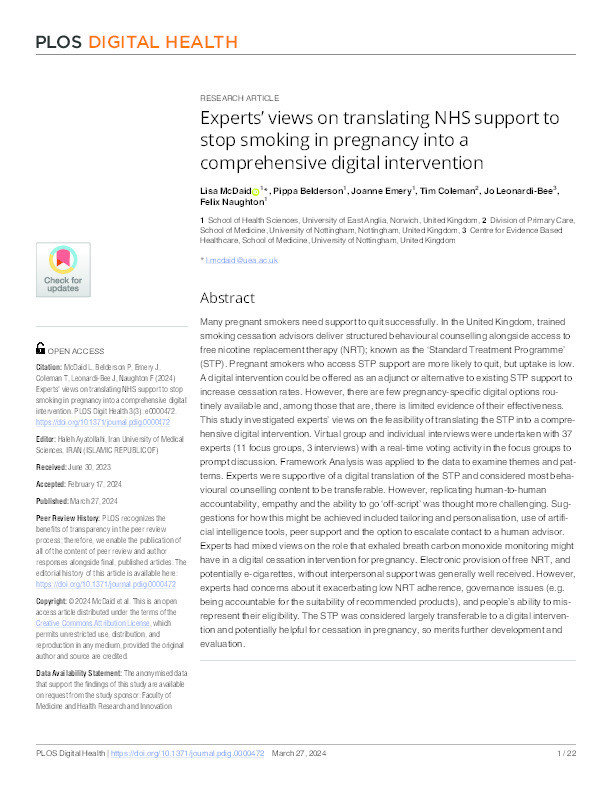 Experts’ views on translating NHS support to stop smoking in pregnancy into a comprehensive digital intervention Thumbnail