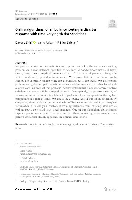 Online algorithms for ambulance routing in disaster response with time-varying victim conditions Thumbnail