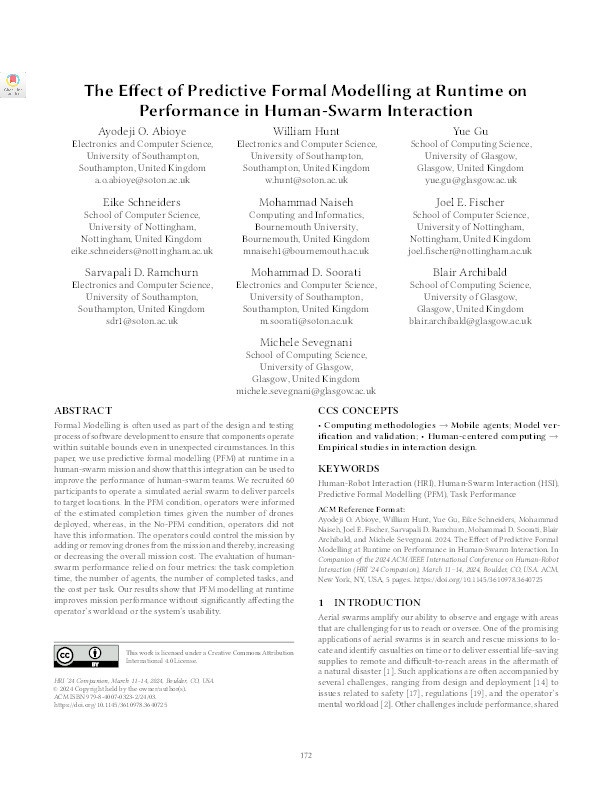 The Effect of Predictive Formal Modelling at Runtime on Performance in Human-Swarm Interaction Thumbnail