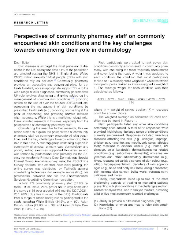 Perspectives of community pharmacy staff on commonly encountered skin conditions and the key challenges towards enhancing their role in dermatology Thumbnail