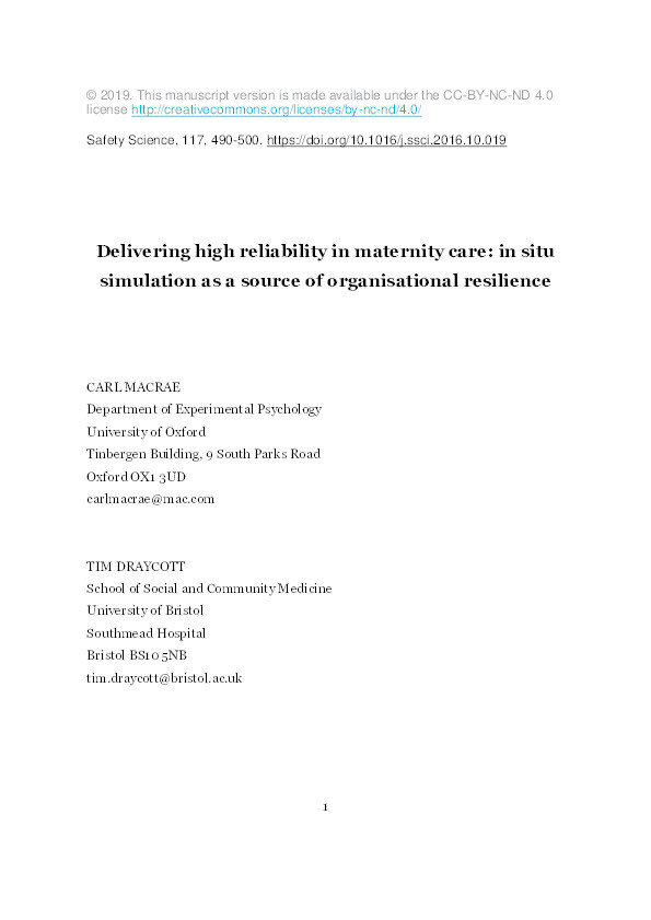 Delivering high reliability in maternity care: In situ simulation as a source of organisational resilience Thumbnail