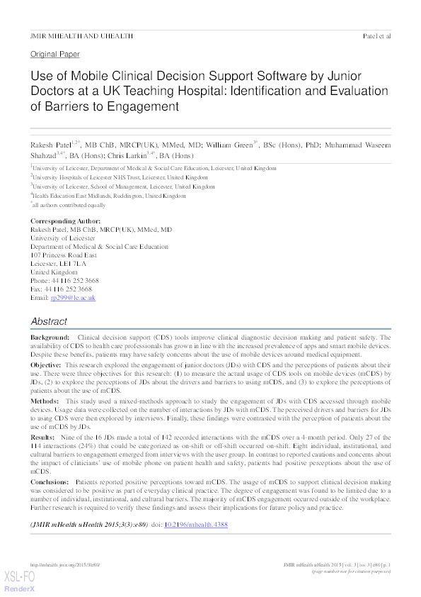 Use of Mobile Clinical Decision Support Software by Junior Doctors at a UK Teaching Hospital: Identification and Evaluation of Barriers to Engagement Thumbnail