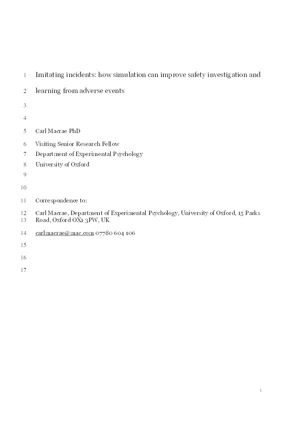 Imitating Incidents: How Simulation Can Improve Safety Investigation and Learning From Adverse Events Thumbnail