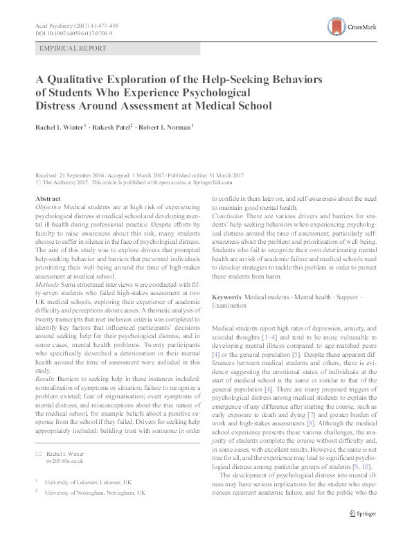 A Qualitative Exploration of the Help-Seeking Behaviors of Students Who Experience Psychological Distress Around Assessment at Medical School Thumbnail