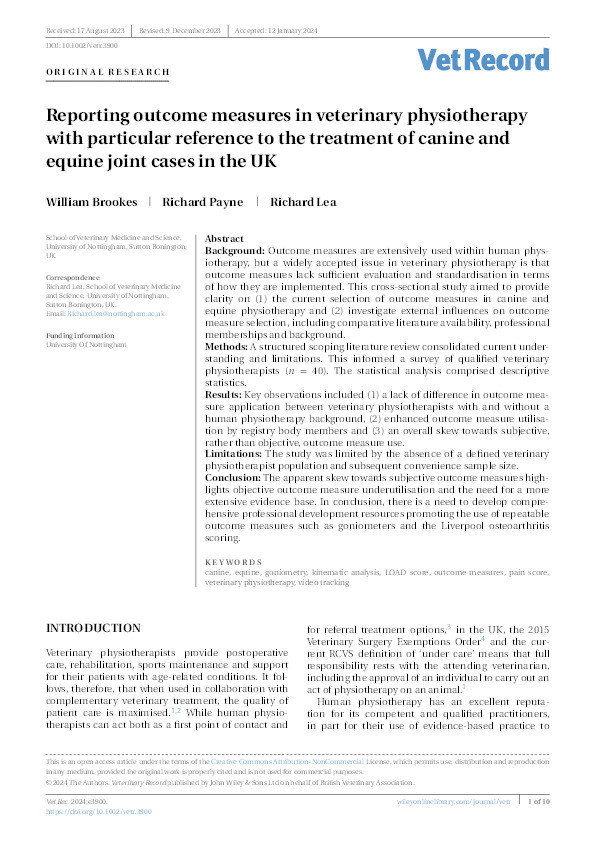 Reporting outcome measures in veterinary physiotherapy with particular reference to the treatment of canine and equine joint cases in the UK Thumbnail