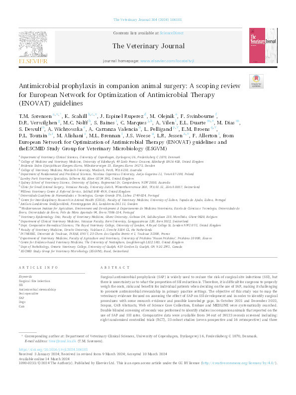 Antimicrobial prophylaxis in companion animal surgery: A scoping review for European Network for Optimization of Antimicrobial Therapy (ENOVAT) guidelines Thumbnail