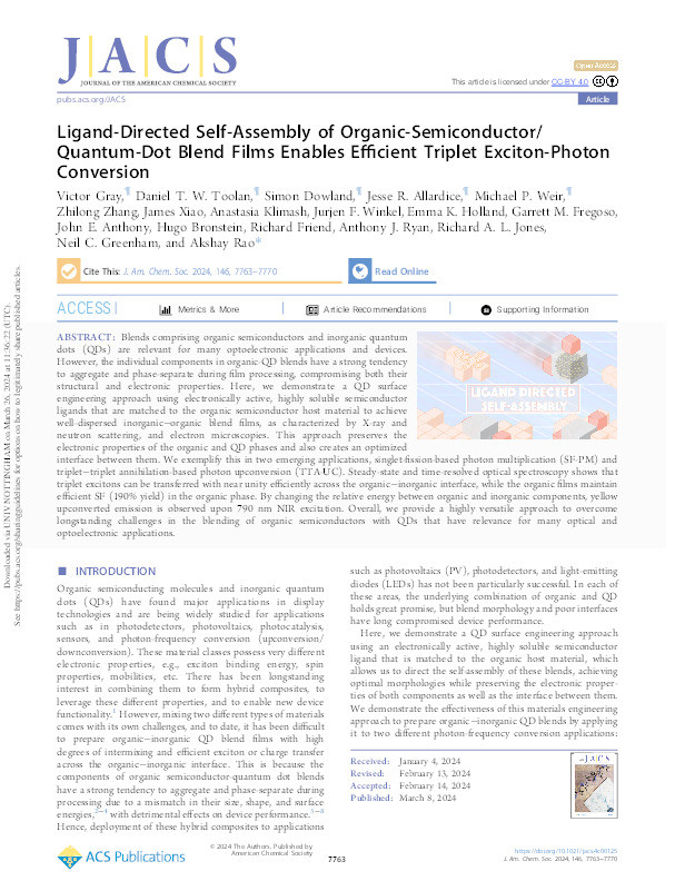 Ligand-Directed Self-Assembly of Organic-Semiconductor/Quantum-Dot Blend Films Enables Efficient Triplet Exciton-Photon Conversion Thumbnail