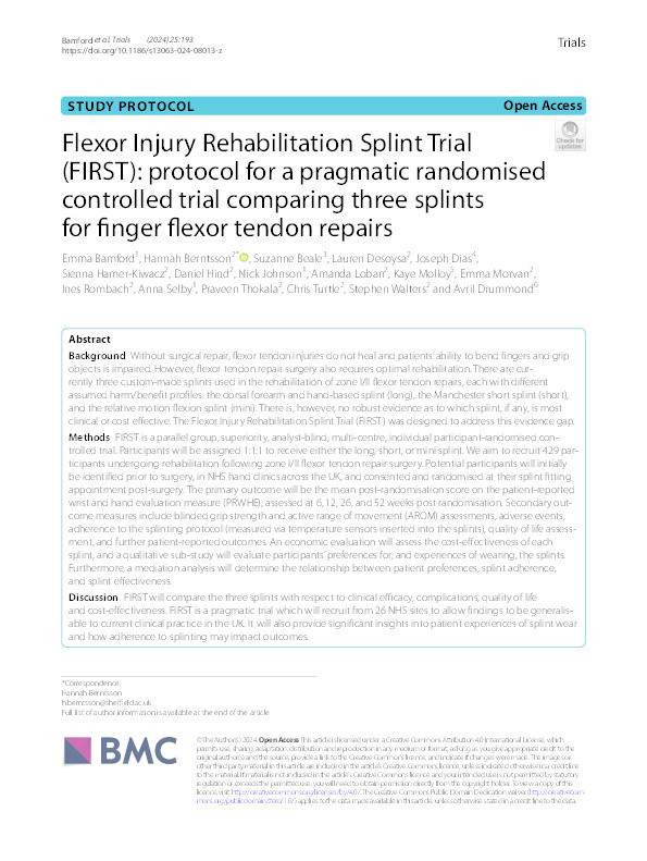 Flexor Injury Rehabilitation Splint Trial (FIRST): protocol for a pragmatic randomised controlled trial comparing three splints for finger flexor tendon repairs Thumbnail
