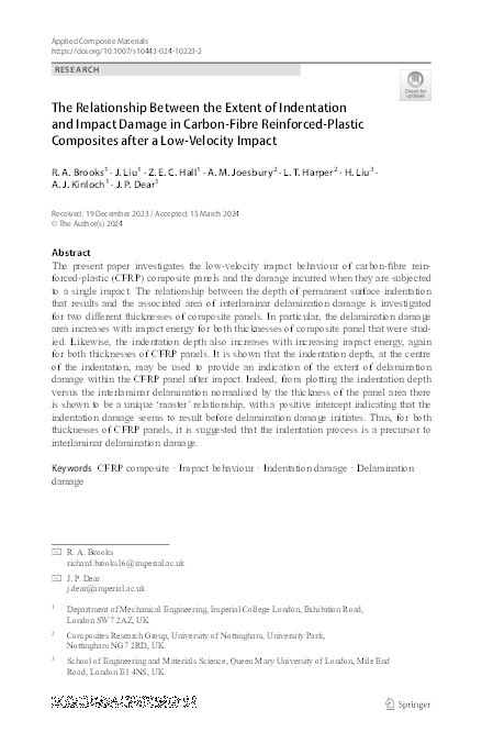 The Relationship Between the Extent of Indentation and Impact Damage in Carbon-Fibre Reinforced-Plastic Composites after a Low-Velocity Impact Thumbnail