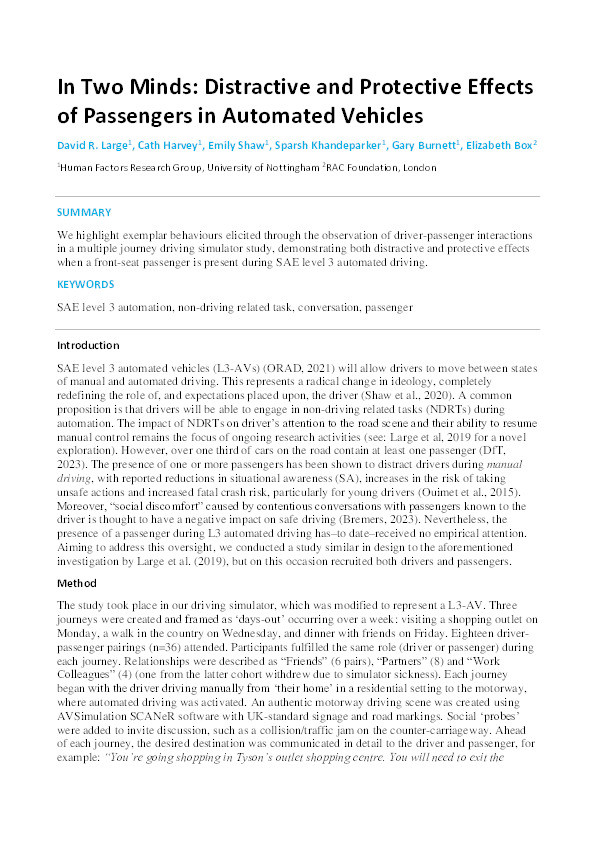 In Two Minds: Distractive and Protective Effects of Passengers in Automated Vehicles Thumbnail