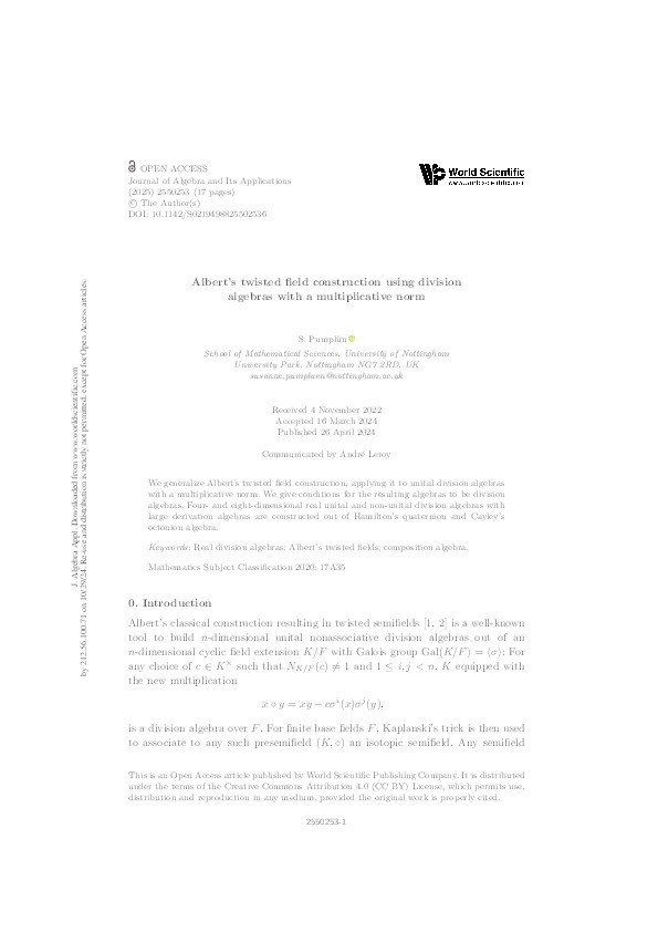 Albert’s twisted field construction using division algebras with a multiplicative norm Thumbnail