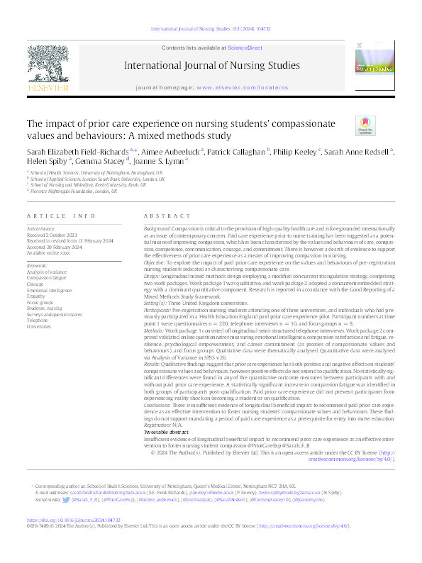 The impact of prior care experience on nursing students' compassionate values and behaviours: A mixed methods study Thumbnail