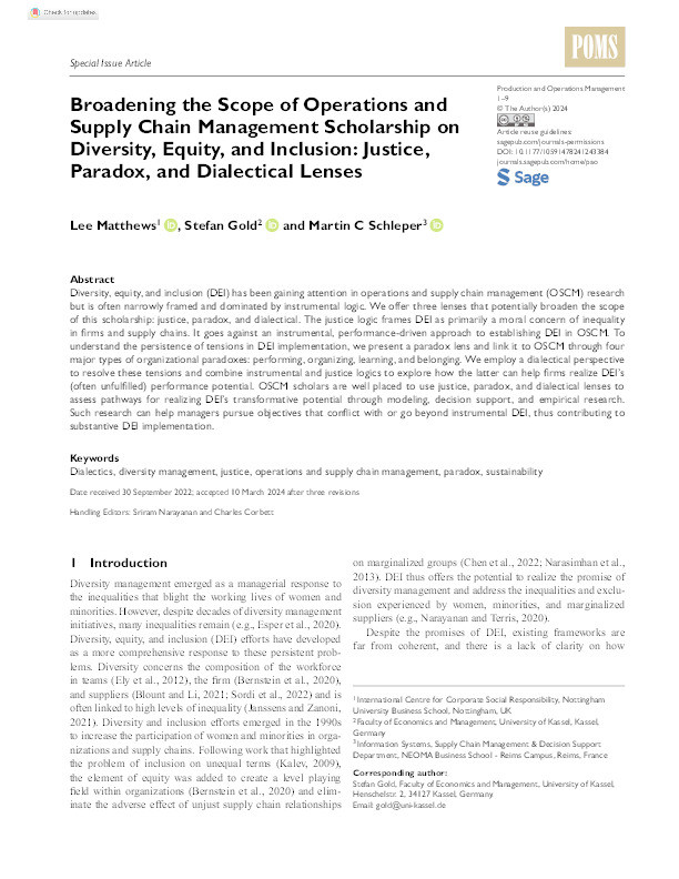 Broadening the Scope of Operations and Supply Chain Management Scholarship on Diversity, Equity, and Inclusion: Justice, Paradox, and Dialectical Lenses Thumbnail