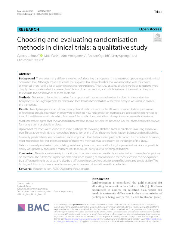 Choosing and evaluating randomisation methods in clinical trials: a qualitative study Thumbnail