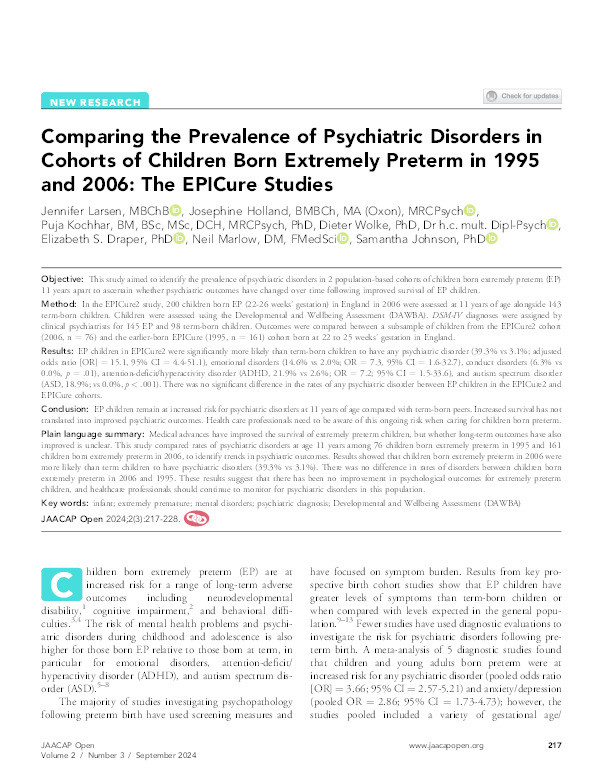 Comparing the Prevalence of Psychiatric Disorders in Cohorts of Children Born Extremely Preterm in 1995 and 2006: The EPICure Studies Thumbnail