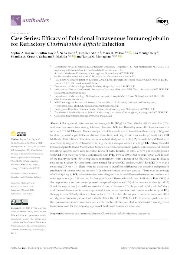 Case Series: Efficacy of Polyclonal Intravenous Immunoglobulin for Refractory Clostridioides difficile Infection Thumbnail