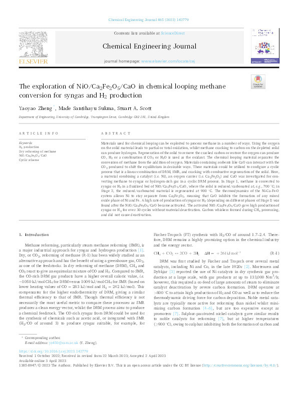 The exploration of NiO/Ca2Fe2O5/CaO in chemical looping methane conversion for syngas and H2 production Thumbnail