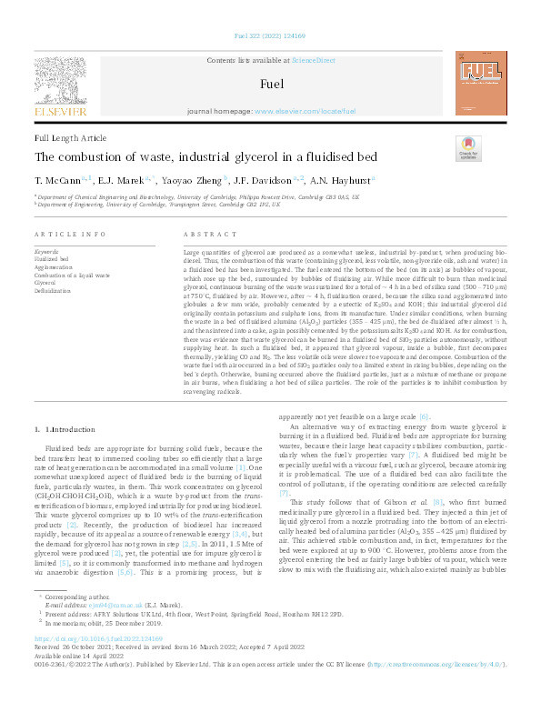 The combustion of waste, industrial glycerol in a fluidised bed Thumbnail