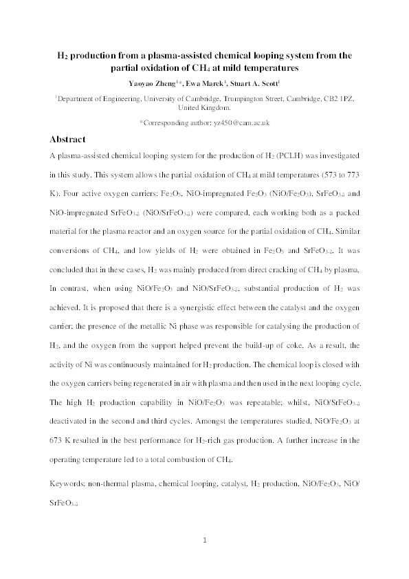 H2 production from a plasma-assisted chemical looping system from the partial oxidation of CH4 at mild temperatures Thumbnail