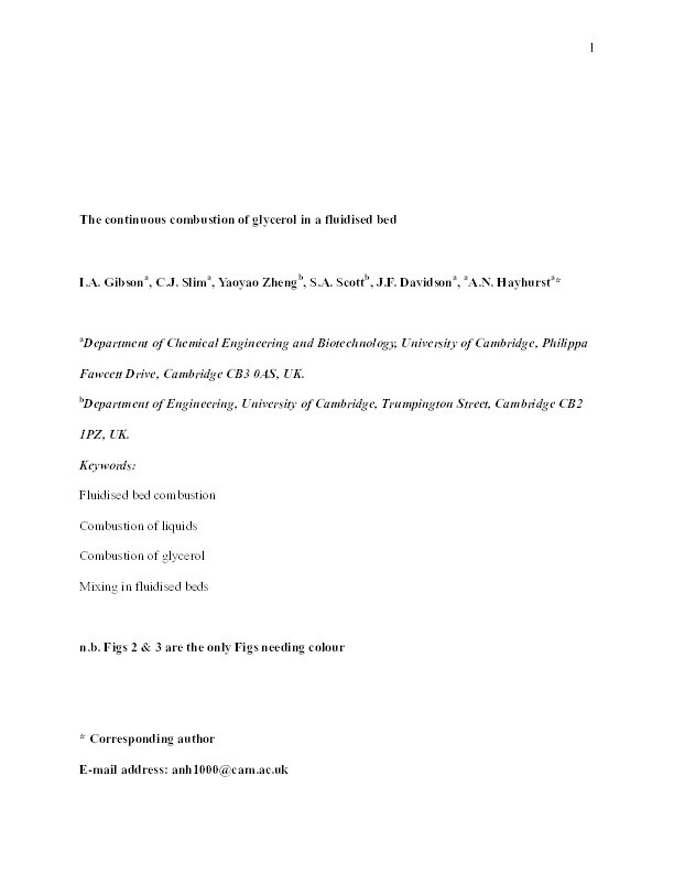 The continuous combustion of glycerol in a fluidised bed Thumbnail