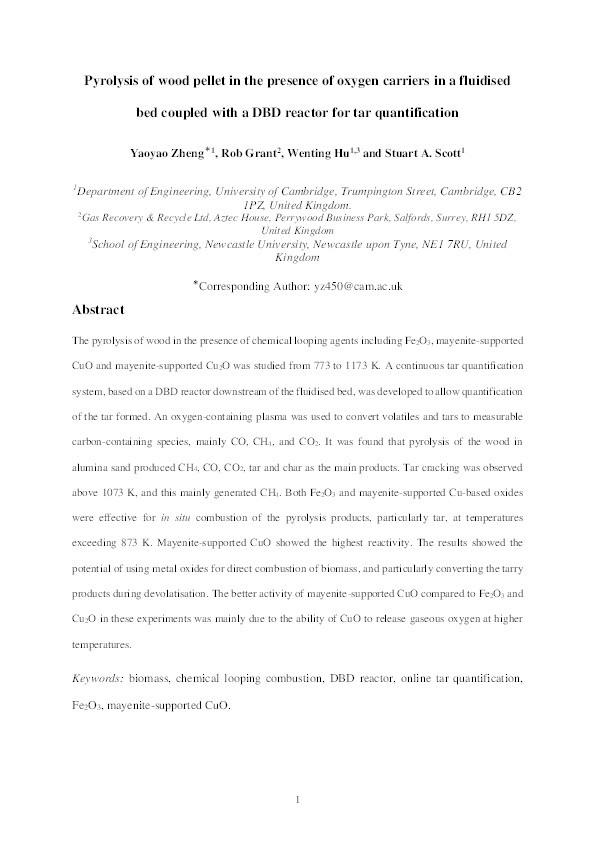 Pyrolysis of wood pellets in the presence of oxygen carriers in a fluidised bed coupled with a DBD reactor for tar quantification Thumbnail