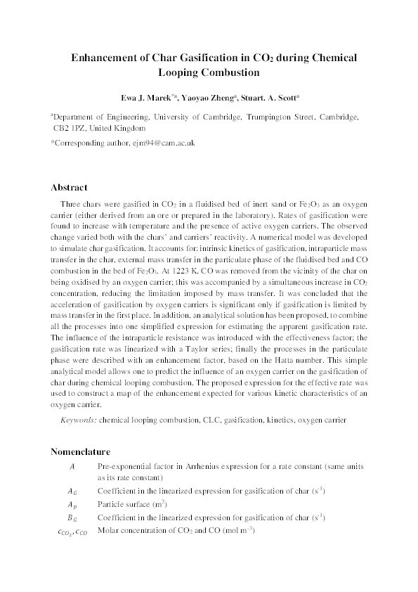 Enhancement of char gasification in CO2 during chemical looping combustion Thumbnail