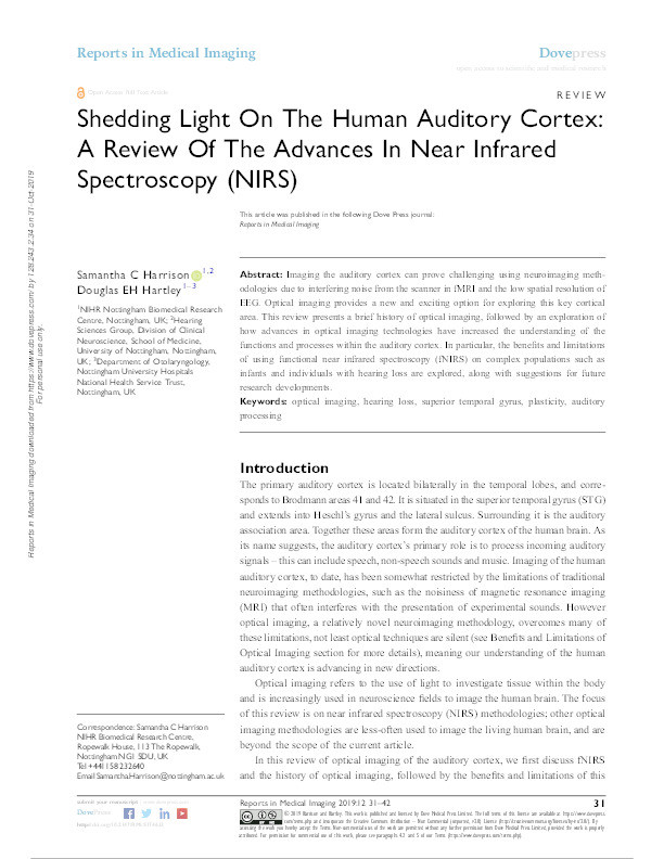 Shedding Light On The Human Auditory Cortex: A Review Of The Advances In Near Infrared Spectroscopy (NIRS) Thumbnail