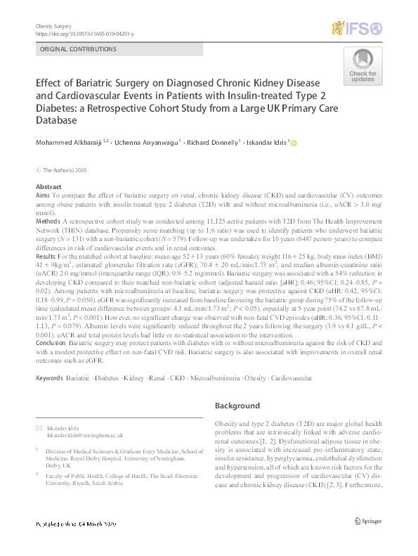 Effect of Bariatric Surgery on Diagnosed Chronic Kidney Disease and Cardiovascular Events in Patients with Insulin-treated Type 2 Diabetes: a Retrospective Cohort Study from a Large UK Primary Care Database Thumbnail