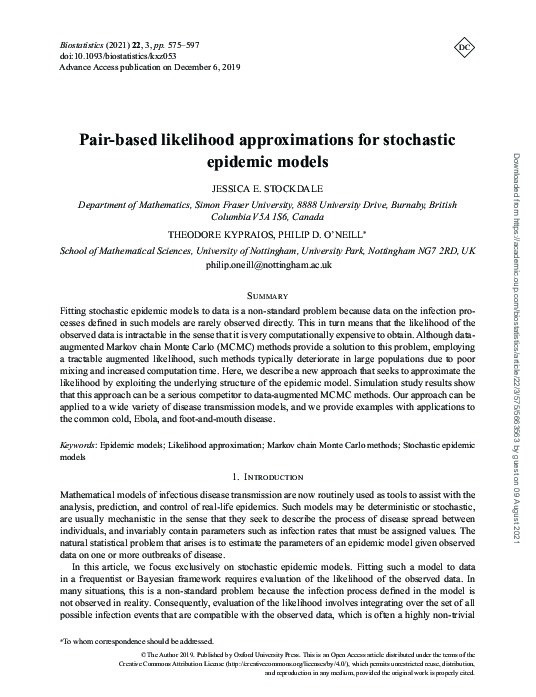Pair-based likelihood approximations for stochastic epidemic models Thumbnail