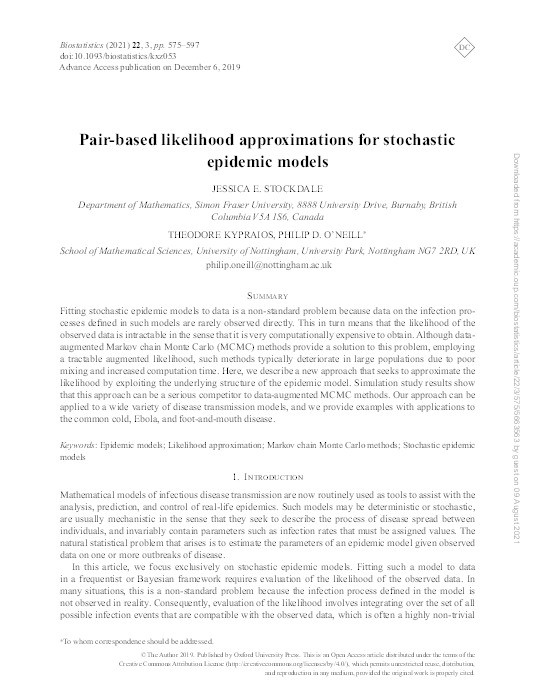 Pair-based likelihood approximations for stochastic epidemic models Thumbnail