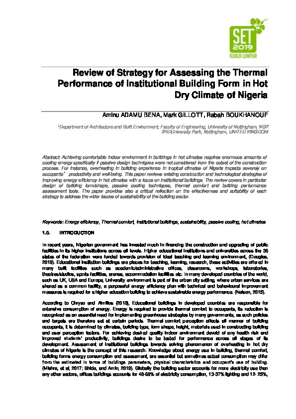 Review of Strategy for Assessing the Thermal Performance of Institutional Building Form in Hot Dry Climates of Nigeria Thumbnail