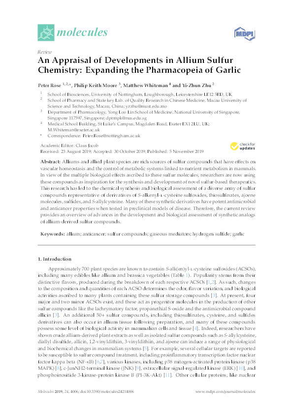 An Appraisal of Developments in Allium Sulfur Chemistry: Expanding the Pharmacopeia of Garlic Thumbnail