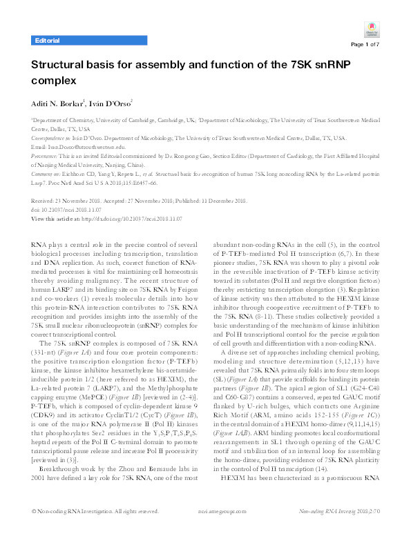 Structural basis for assembly and function of the 7SK snRNP complex Thumbnail