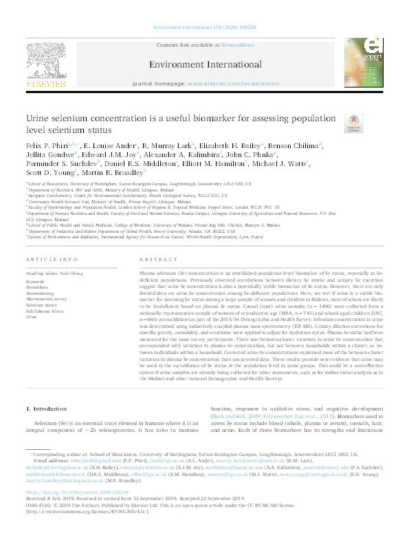 Urine selenium concentration is a useful biomarker for assessing population level selenium status Thumbnail