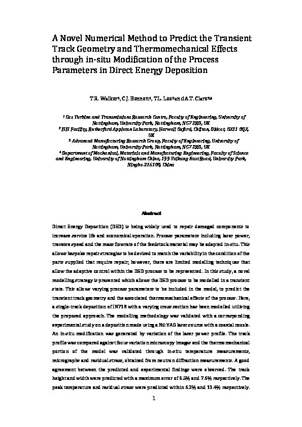 A novel numerical method to predict the transient track geometry and thermomechanical effects through in-situ modification of the process parameters in Direct Energy Deposition Thumbnail