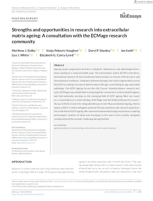 Strengths and opportunities in research into extracellular matrix ageing: A consultation with the ECMage research community Thumbnail