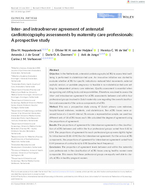 Inter‐ and intraobserver agreement of antenatal cardiotocography assessments by maternity care professionals: A prospective study Thumbnail