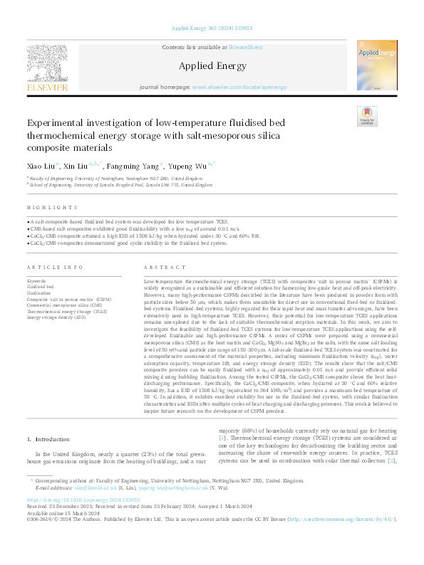 Experimental investigation of low-temperature fluidised bed thermochemical energy storage with salt-mesoporous silica composite materials Thumbnail