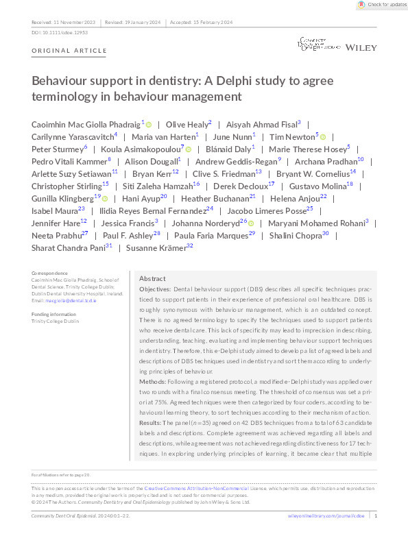 Behaviour support in dentistry: A Delphi study to agree terminology in behaviour management Thumbnail