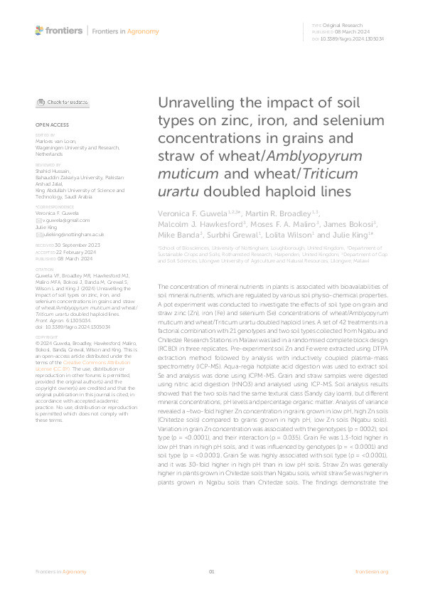 Unravelling the impact of soil types on zinc, iron, and selenium concentrations in grains and straw of wheat/ Amblyopyrum muticum and wheat/ Triticum urartu doubled haploid lines Thumbnail