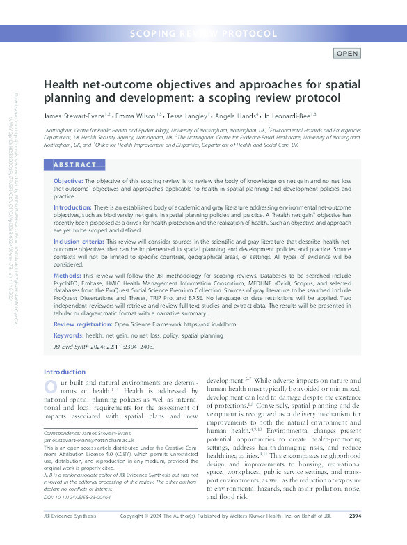 Health net-outcome objectives and approaches for spatial planning and development: a scoping review protocol Thumbnail