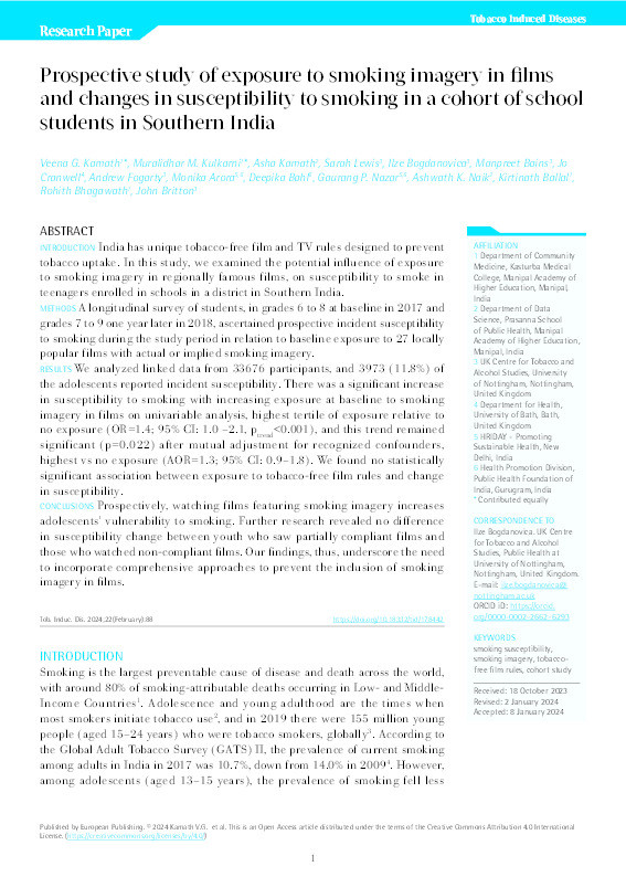 Prospective study of exposure to smoking imagery in films and changes in susceptibility to smoking in a cohort of school students in Southern India Thumbnail