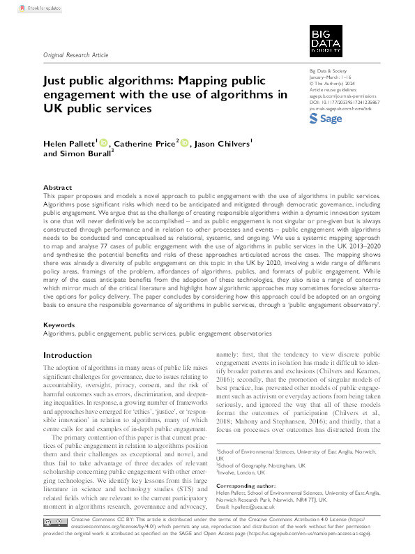 Just public algorithms: Mapping public engagement with the use of algorithms in UK public services Thumbnail