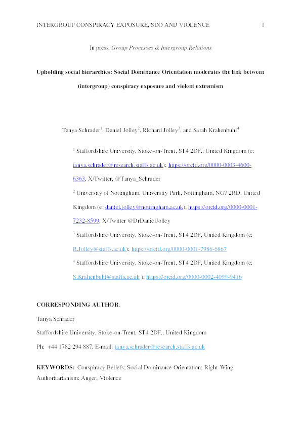 Upholding social hierarchies: Social dominance orientation moderates the link between (intergroup) conspiracy exposure and violent extremism Thumbnail