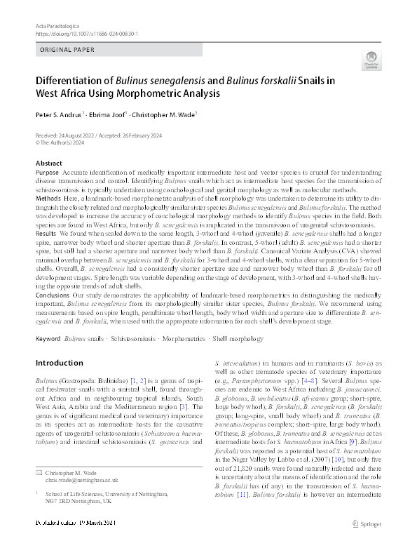 Differentiation of Bulinus senegalensis and Bulinus forskalii Snails in West Africa Using Morphometric Analysis Thumbnail