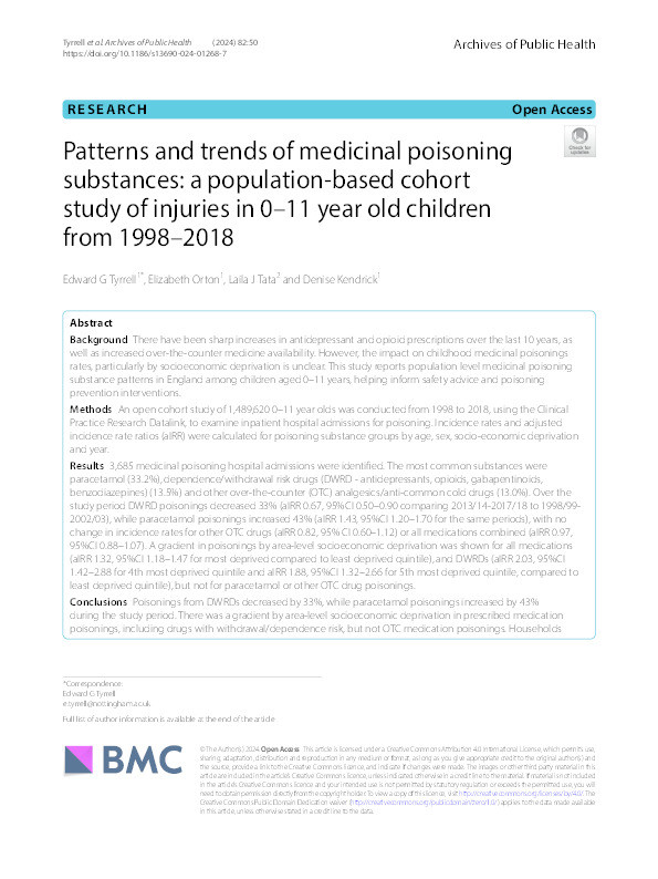 Patterns and trends of medicinal poisoning substances: a population-based cohort study of injuries in 0-11 year old children from 1998-2018 Thumbnail