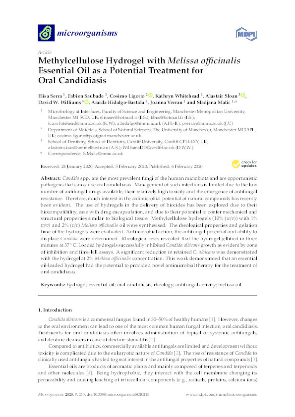 Methylcellulose Hydrogel with Melissa officinalis Essential Oil as a Potential Treatment for Oral Candidiasis Thumbnail