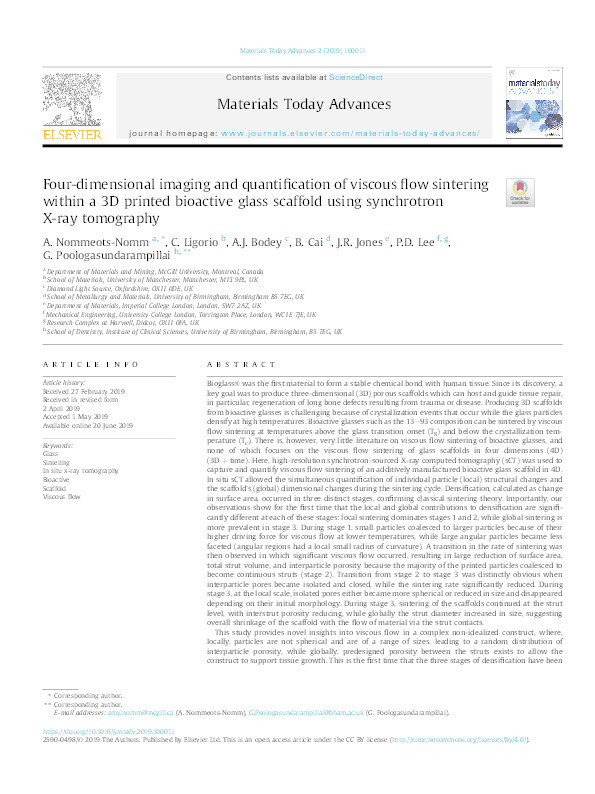 Four-dimensional imaging and quantification of viscous flow sintering within a 3D printed bioactive glass scaffold using synchrotron X-ray tomography Thumbnail