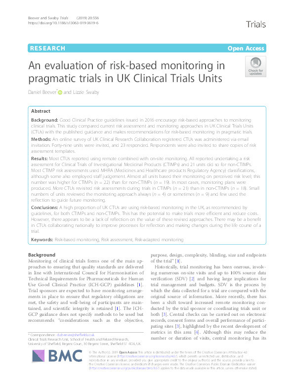 An evaluation of risk-based monitoring in pragmatic trials in UK Clinical Trials Units Thumbnail