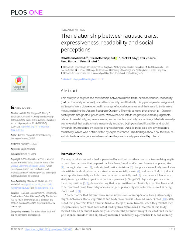 The relationship between autistic traits, expressiveness, readability and social perceptions Thumbnail